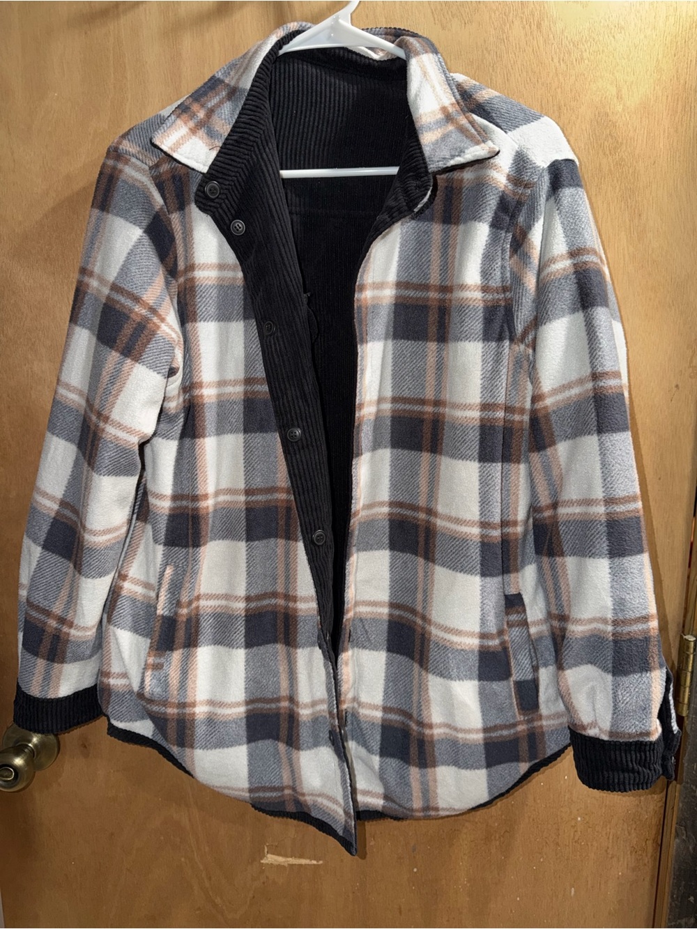 Plaid Fleece Shacket in Cream, Gray & Brown